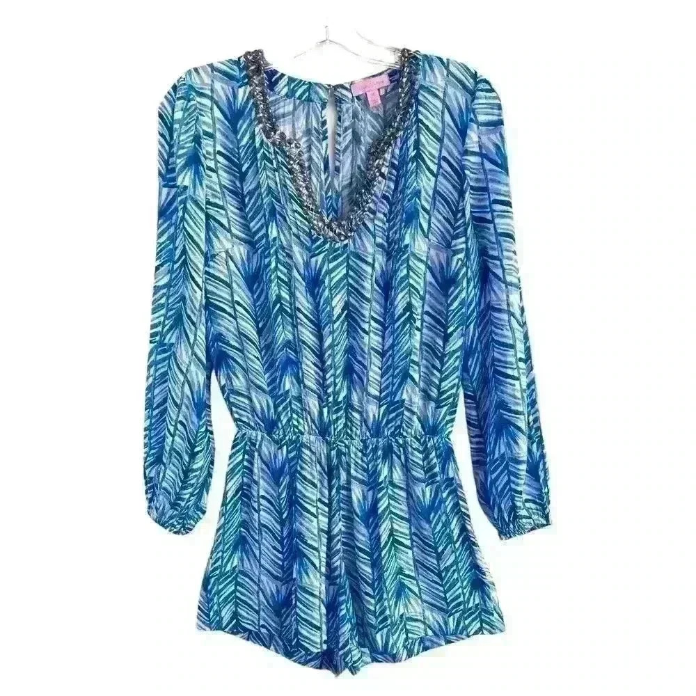 Lilly Pulitzer Sz XS Colby Romper Blue Palm Print Summer Vacation Travel Night - Picture 3 of 16